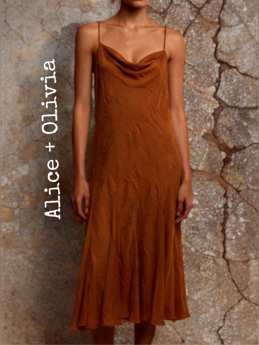 ALICE + OLIVIA
 Rust Slip Midi Dress with Cowl Neck